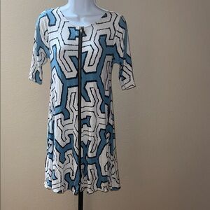 Bel Kazan Geometric Print Swing Full Zip Front Dress Blue White Women’s Size S